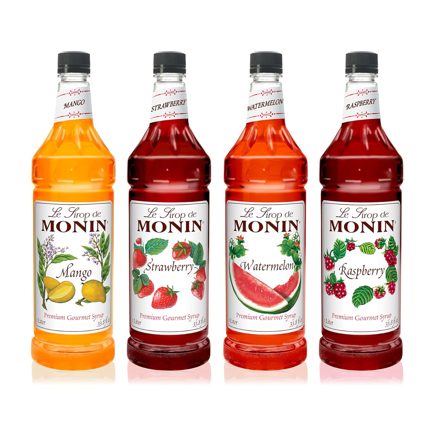 syrup Monin - Monin Syrup Summer Variety Pack, Fruit Flavored Syrup, Mango, Strawberry, Raspberry, & Watermelon Syrup, Simple Syrup for Margaritas, Lemonade, Cocktails, & More, Clean Label (1 Liter, 4-Pack)
