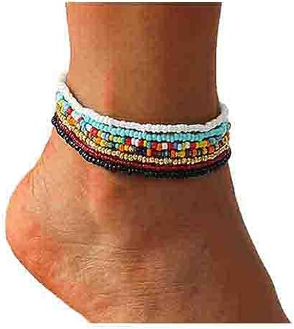 NEEBAOLY Boho Handmade Beaded African Anklets Multicolor Women Stretch Seed Beads Rainbow Ankle Bracelets Glass Bead Bracelet Elastic Foot and Hand Chain Jewelry (7PCS) 2
