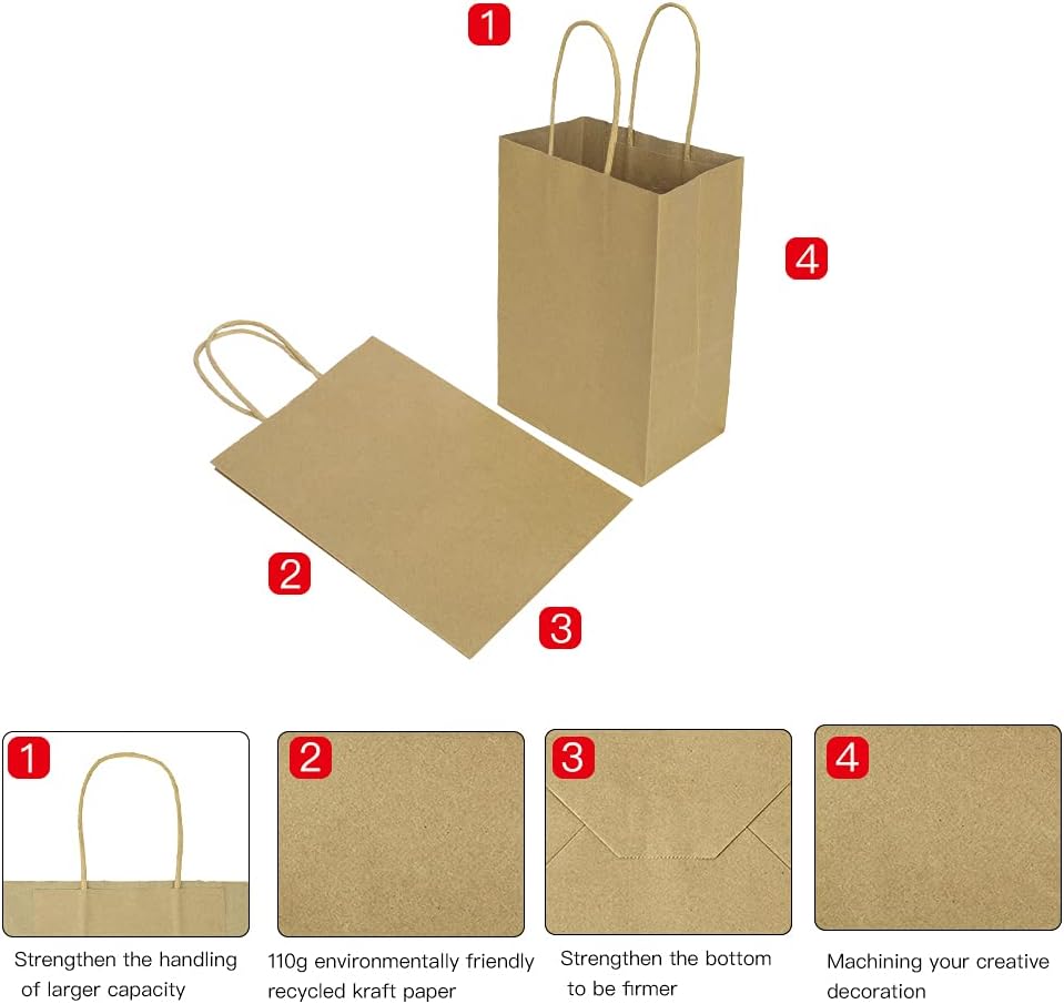 bagmad 100 Pack 5.25x3.25x8 inch Brown Small Paper Bags with Handles Bulk, Gift Paper Bags, Kraft Birthday Party Favors Grocery Retail Shopping Craft Bags Takeouts Business (Plain Natural 100pcs)