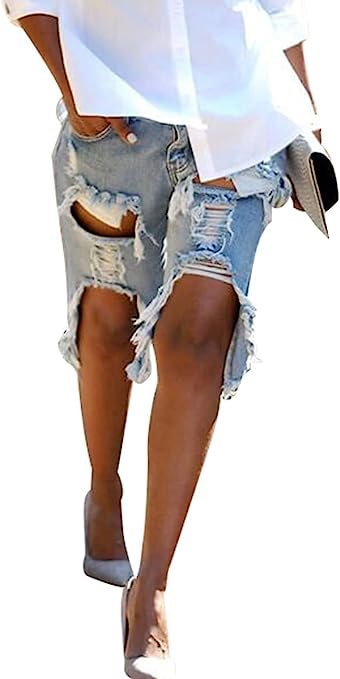 LalaLin Sexy Ripped Jean Shorts for Women Destroyed Washed Hole Stretchy Bermuda Mid Denim Short