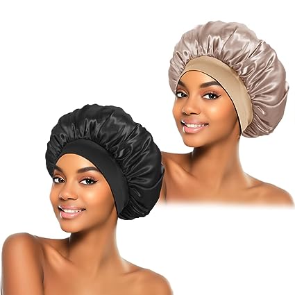 2Pcs Silk Bonnet for Sleeping, Satin Hair Bonnets, Soft Elastic Band Silk Sleep Cap, Silk Hair Wrap for Curly Hair (Black Gold)