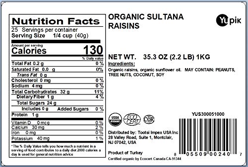 Yupik Organic Sultana Raisins, 2.2 lb, Non-GMO, Vegan, Gluten-Free