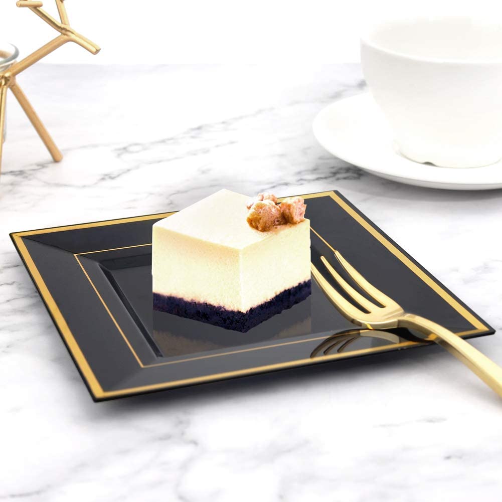 bUCLA 100PCS Black Square Plastic Plates with Gold Rim-6inch Disposable Cake Plates- Premium Hard Square Small Appetizer Plates for New Year/Wedding/Party