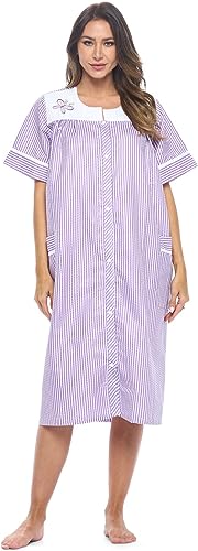 Casual Nights Women's Snap - Front House Dress Short Sleeve Woven Housecoat Duster Lounger Robe with Pockets