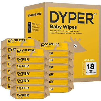 DYPER Viscose from Bamboo Baby Wet Wipes | 99.9% Water Unscented for Sensitive Newborn Skin | Hypoallergenic | Honest Ingredients | Made with Plant-Based* Materials | Face & Hand | Pack of 18