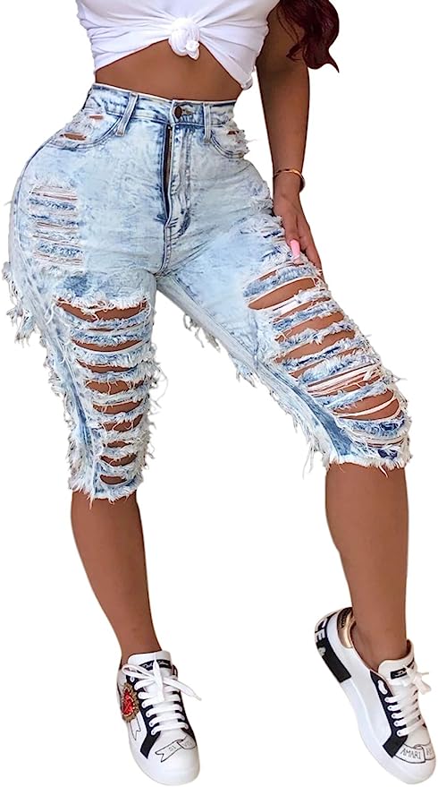 BestGirl Women's Ripped-Denim Hole Washed Distressed Mid Rise Stretchy Short Jeans