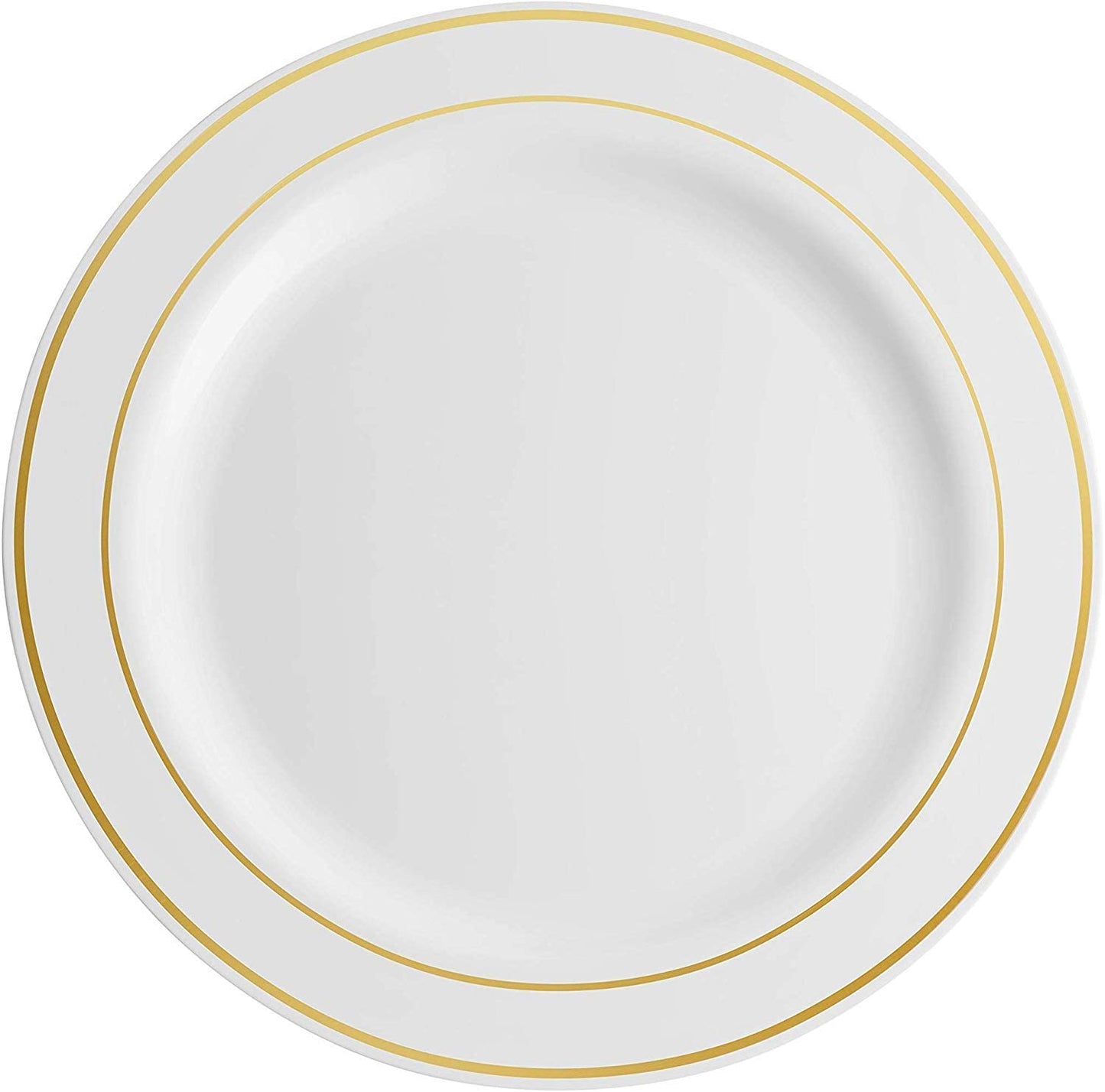 Munfix 100 Piece Plastic Party Plates White Gold Rim, Premium 10.25 Inch Dinner Elegant Fancy Heavy Duty Disposable Wedding Plates
