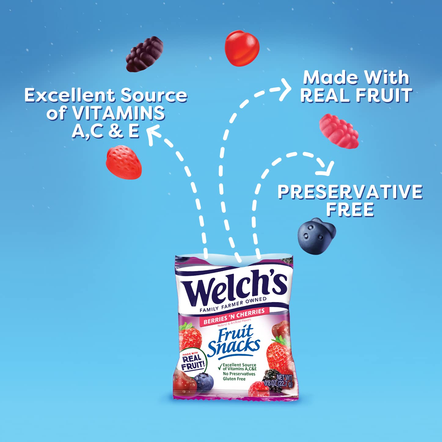 Welch's Fruit Snacks, Berries 'N Cherries, Gluten Free, Bulk Pack,Individual Single Serve Bags, 0.8 oz (Pack of 40)