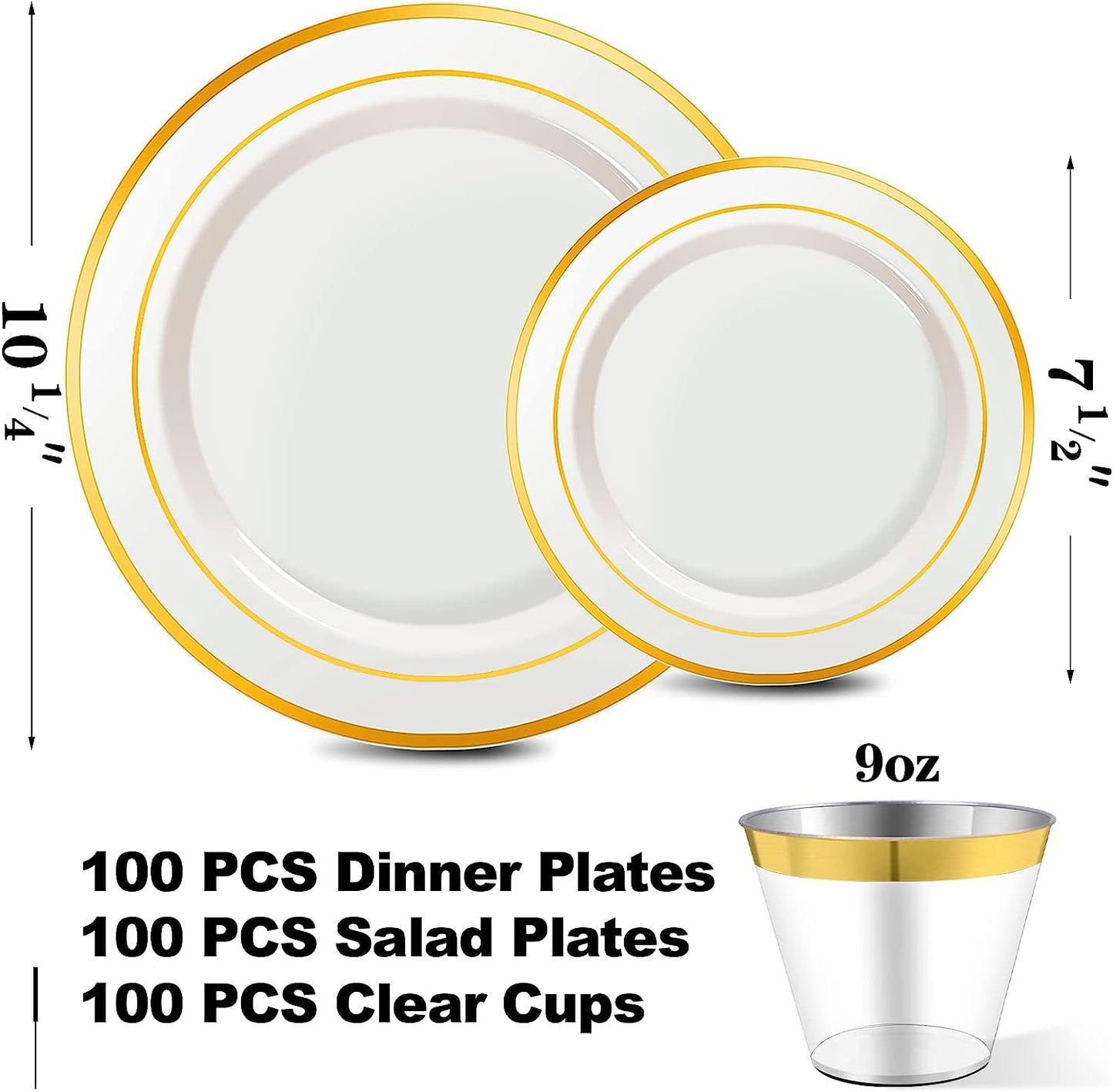 600 Pieces Gold Disposable Plates for 100 Guests, Plastic Plates for Party, Wedding, Dinnerware Set of 100 Dinner Plates, 100 Salad Plates, 100 Spoons, 100 Forks, 100 Knives, 100 Cups