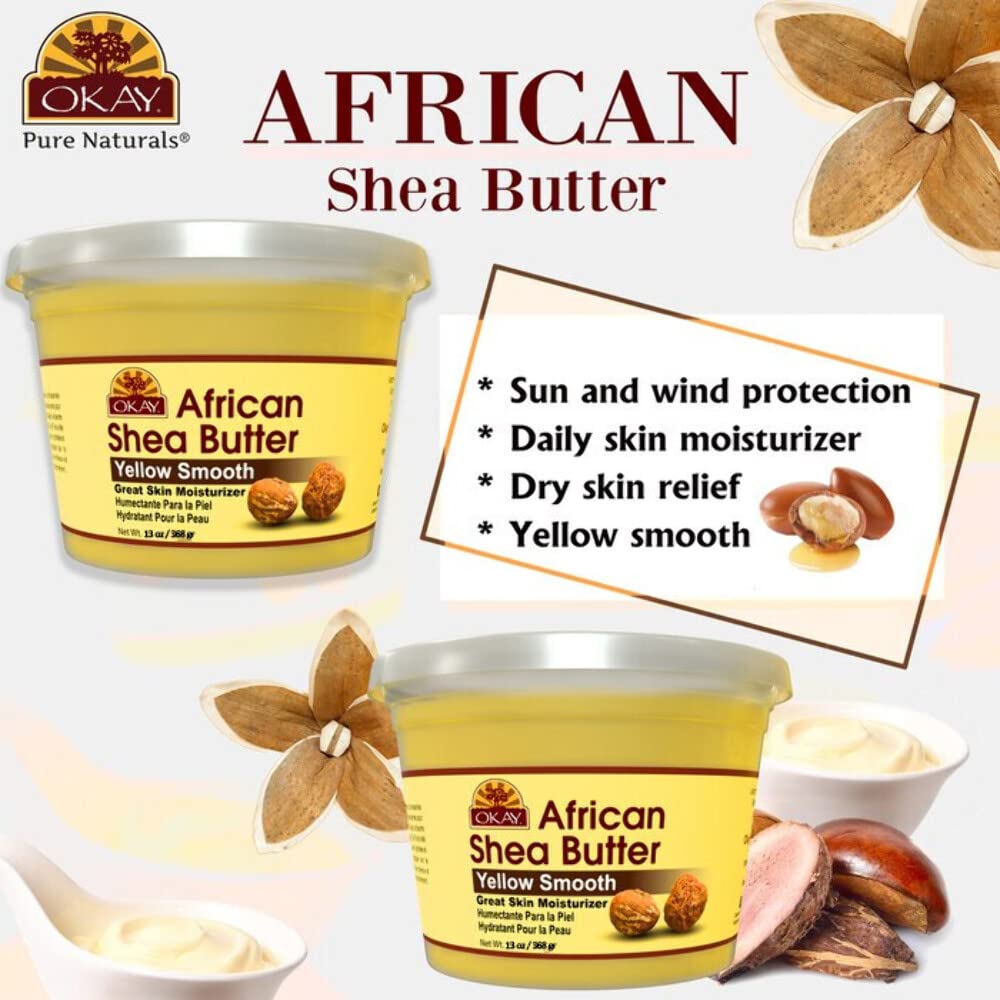 Okay Smooth All Natural,100% Pure Unrefined Daily Skin Moisturizer For Skin & Hair Yellow, Shea Butter, 13 oz