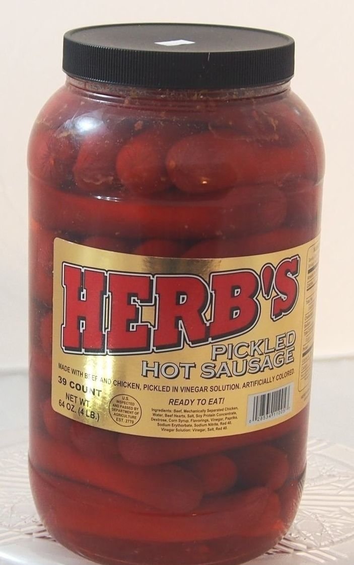 Herbs RED HOT Pickled Sausage (1 Gal. Jar) 39 Count Beef & Chicken No Pork ( From Jersey Candy Company)