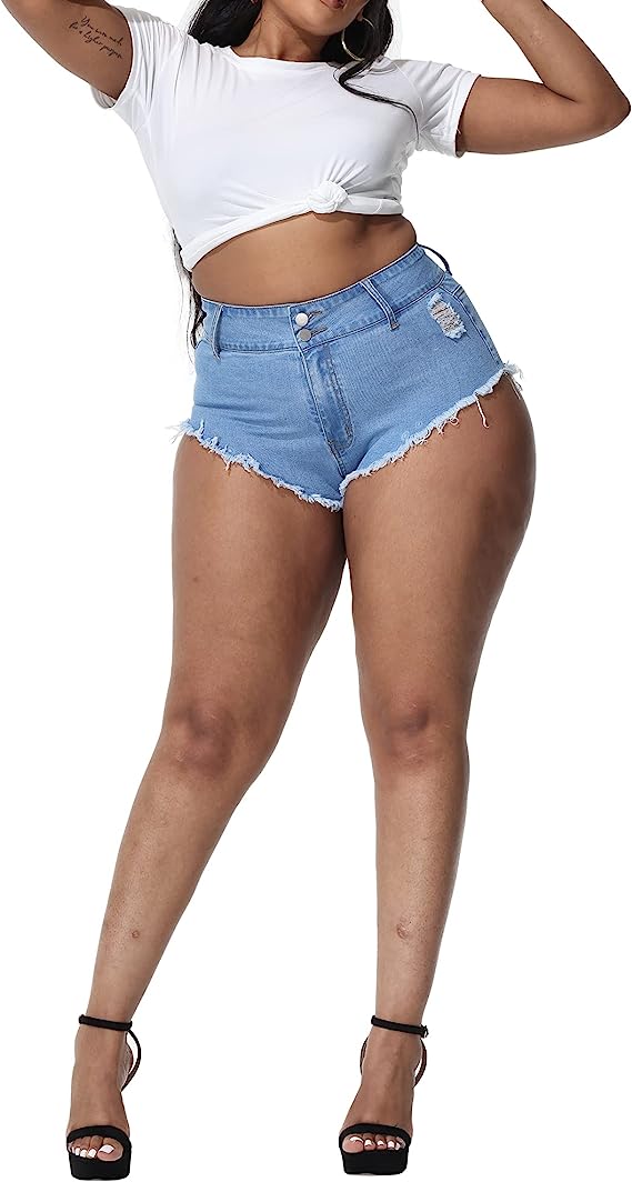 Gboomo Women's Plus Size Jean Shorts Sexy Cut Off Denim High Waisted Raw Hem Hot Pants Stretchy Booty Clubwear
