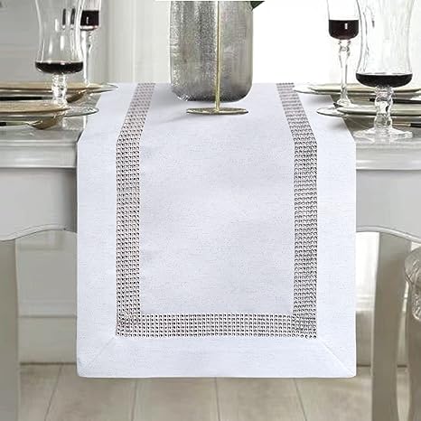 WEHARTS 14 x 70 Inch Long Polyester Table Runner with Diamante Strip, Rectangular Shiny Dining Table Cloth for Home Kitchen Party Wedding Festival Christmas Decorations(White)