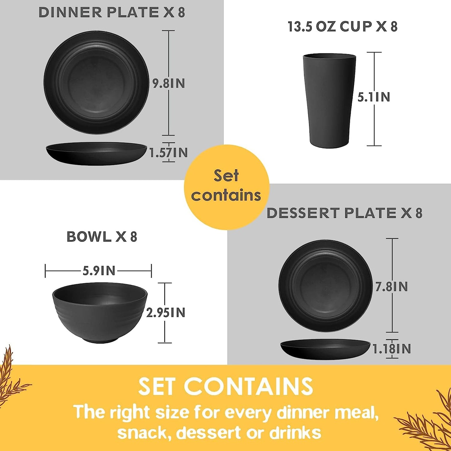 Teivio 32-Piece Kitchen Plastic Wheat Straw Dinnerware Set, Service for 8, Dinner Plates, Dessert Plate, Cereal Bowls, Cups, Unbreakable Plastic Outdoor Camping Dishes, Black