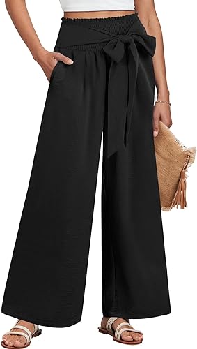 Caracilia Womens Wide Leg Lounge Pants with Pockets High Waisted Long Flowy Palazzo Pants Adjustable Tie Knot Loose Trousers