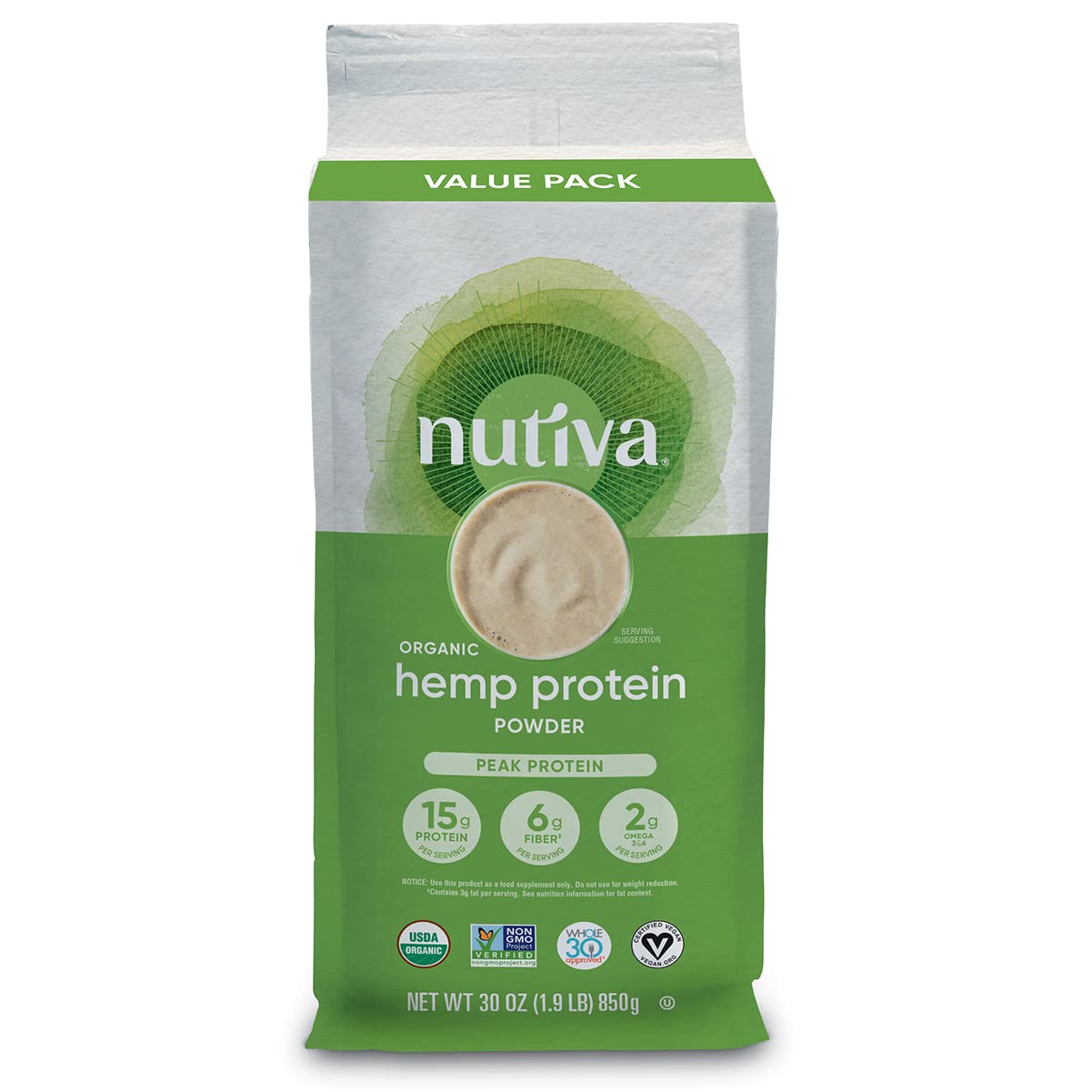 Nutiva Organic Cold-Pressed Raw Hemp Seed Protein Powder, Peak Protein, 30 Oz, USDA Organic, Non-GMO, Whole 30 Approved, Vegan, Gluten-Free & Keto, Plant Protein with Essential Amino Acids
