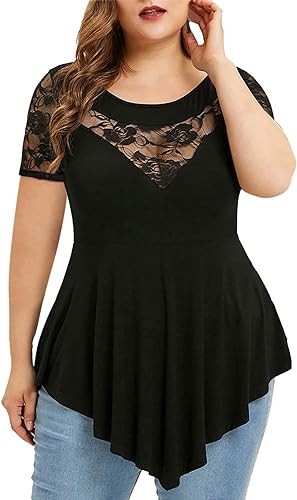 Chvity Womens Plus Size Tops O-Neck Asymmetric Short Sleeve Tunics Lace Blouse Shirts for Summer Casual S-5X