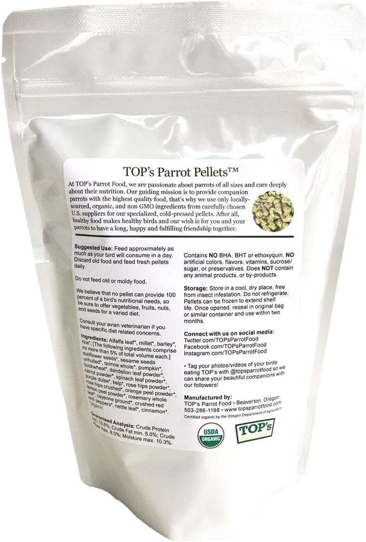 TOP's Parrot Food Mini Pellets Bird Food for Budgies, Cockatiels, Parrotlets, Lovebirds, Parakeets - Non-GMO, Peanut Soy & Corn Free, USDA Organic Certified - 1 lb