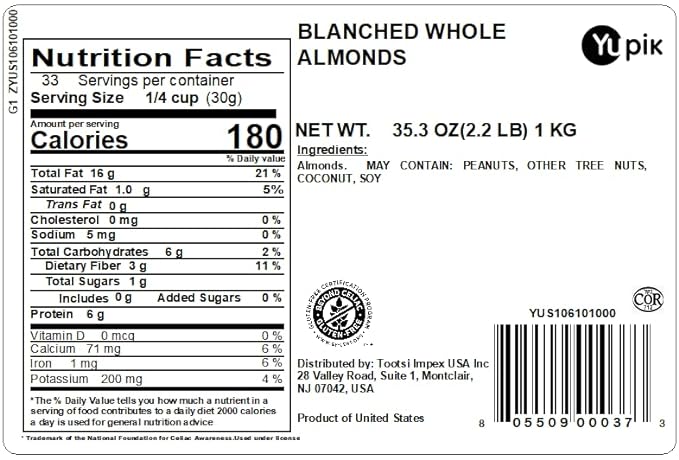 Yupik Nuts Blanched Whole Almonds, 2.2 lb