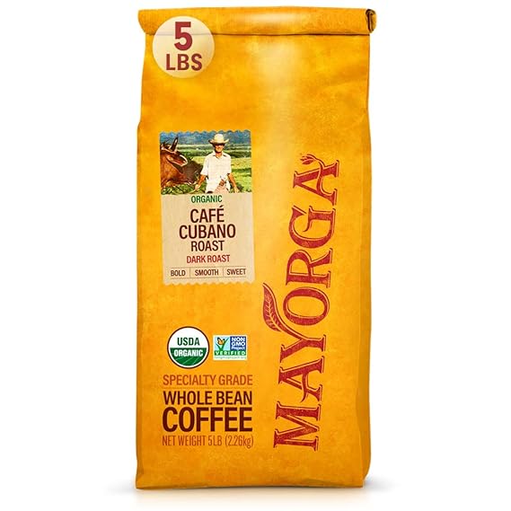 Mayorga Dark Roast Coffee, 5 lb bag - Café Cubano Coffee Roast - 100% Arabica Whole Coffee Beans - Smoothest Organic Coffee - Specialty Grade, Non-GMO, Direct Trade