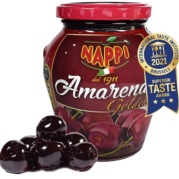 Nappi 1911, Amarena Cherries in Syrup, 16.23 oz (460 g), Cocktail Cherries, Black Italian Cherry for Premium Cocktails and Desserts, Superior Taste Award Winning 2022, Amarena Golden