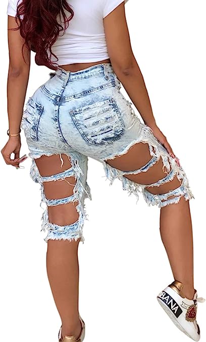 denim BestGirl Women's Ripped-Denim Hole Washed Distressed Mid Rise Stretchy Short Jeans