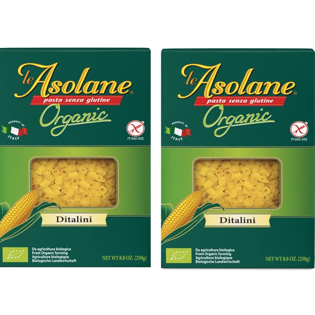 Le Asolane Certified Organic Gluten Free Ditalini Pasta | 2 Pack | Authentic Imported Italian Gourmet Pasta from Select Premium Grade Corn Flour | 8.8 oz packages