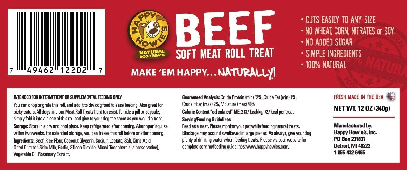Happy Howie's Natural Dog Treats - Dog Meat Roll, Healthy Dog Treat & Training Tool, Easily Hide Pills, Made in The USA, Soft Meat Roll - Variety (Beef, Turkey, Lamb), 12 Oz Each (3 Pack)