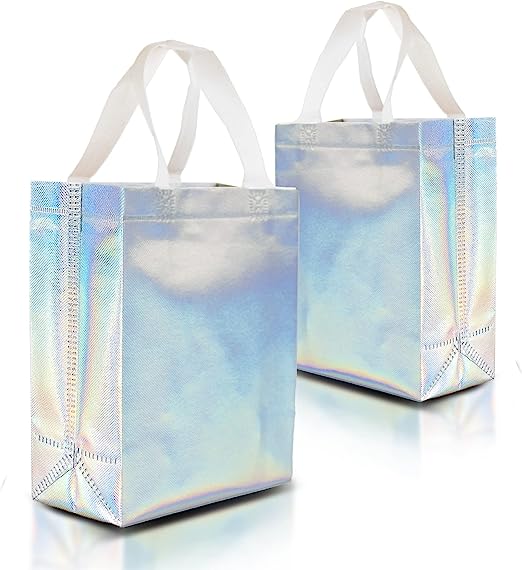 Nush Nush Iridescent Gift Bags Medium Size – Set of 12 Stunning Reusable Holographic Gift Bags With White Handles - Perfect As Goodie Bags, Birthday Gift Bags, Party Favor Bags – 8Wx4Dx10H Size
