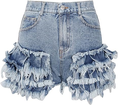 TYLC Women's Patchwork Ruffles Denim Shorts Casual High Waist Asmmetrical Slim Female Jeans Shorts with Pockets# (Color : Blue, Size : X-Large)