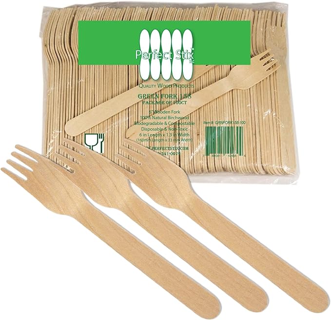 wood Perfect Stix Green Fork 158-250ct Disposable Wooden Forks (Pack of 250), Plain Forks