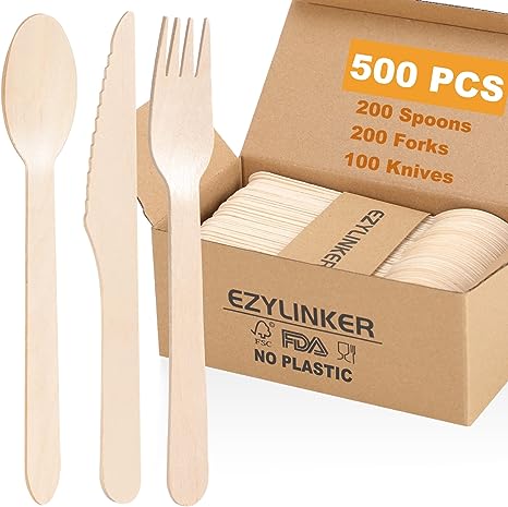 (500 Count) 100% Compostable Wooden Cutlery Set | Disposable Wooden Cutlery Set - Alternative to Plastic, Eco Friendly, Biodegradable - 200 Wood Spoons, 200 Wood Forks, 100 Knives Disposable Utensils