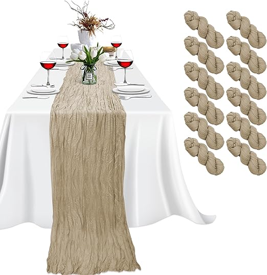Eliamo 12 Pack 10ft Long Cheesecloth Table Runners, Rustic Boho Table Runners Bulk, 35"x120" Table Runners for Wedding, Parties, and Bridal Baby Shower, Beige