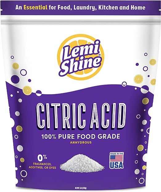 Lemi Shine 100% Citric Acid 5 Pound Bag l Pure Food-Grade Flavor Enhancer & All-Natural Preservative | Fragrance Free Citric Acid for Bath Bombs, Cooking, Canning, & Homemade Cleaning Supplies