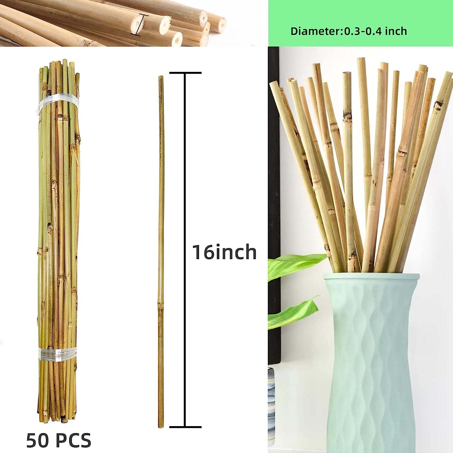 50Pcs Garden Stakes, 0.32”/16 Inch Bamboo Sticks，Natural Plant Stakes for Indoor and Outdoor Plants，Poles for Tomatoes, Beans, Potted Plants