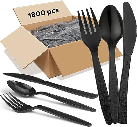 1800 Pcs Plastic Cutlery Packets 6 Inches Black Knife Fork Spoon Teaspoon Cutlery Set Disposable Bulk Heavy Duty Plastic Silverware Set Plastic Ware Utensils Cutlery Kits