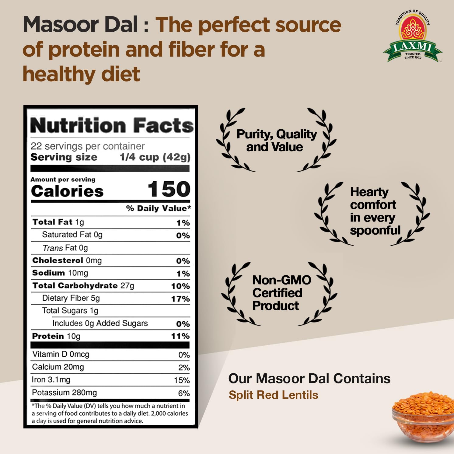 Laxmi Masoor Dal or Red Lentils, 2lbs | Pure Masoor dal lentils | Premium split red lentils | A Natural source of protein