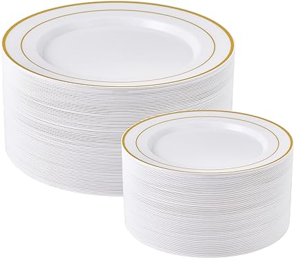 FOCUSLINE Gold Plastic Plates Set of 60, Disposable Plastic Party Plates with Gold Rim 30 Dinner Plates 10" and 30 Salad Dessert Appetizer Plates 7", Elegant Fancy Heavy Duty Wedding Party Plates