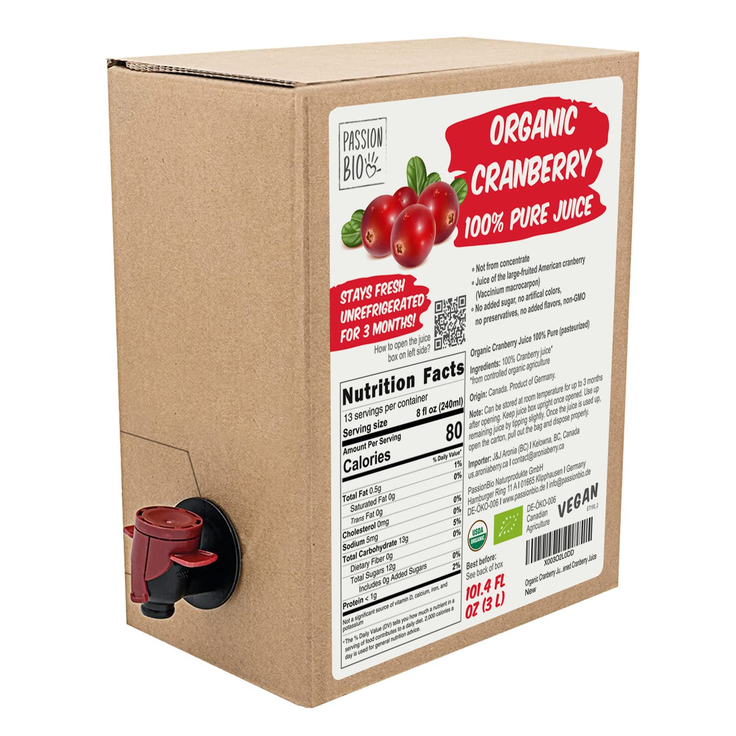 Organic Cranberry Juice Box 101.4 Fl Oz | 100% Pure Cranberry Juice, No Added Sugar, Not From Concentrate | Vegan, Organic, Non GMO, Natural Unsweetened Cranberry Juice