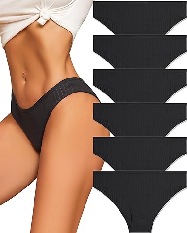 FINETOO 6 Pack Womens Underwear Cotton Cute Ribbed Low Rise Hipster Sexy Soft Bikini Panties for Women Cheeky S-XL