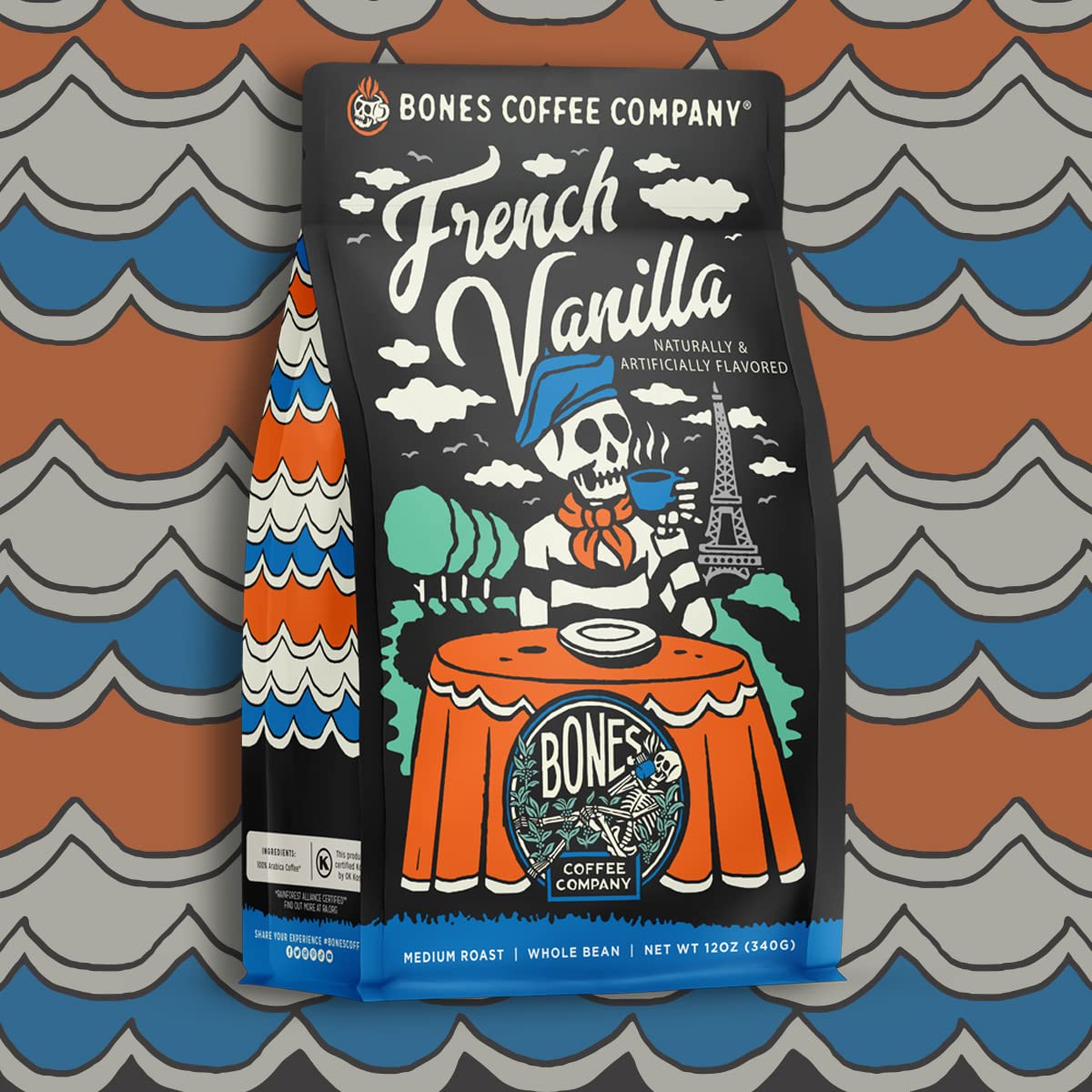 Bones Coffee Company French Vanilla Flavored Ground Coffee Beans | 12 oz Flavored Coffee Gifts | Low Acid Medium Roast Gourmet Coffee Beverages (Ground)