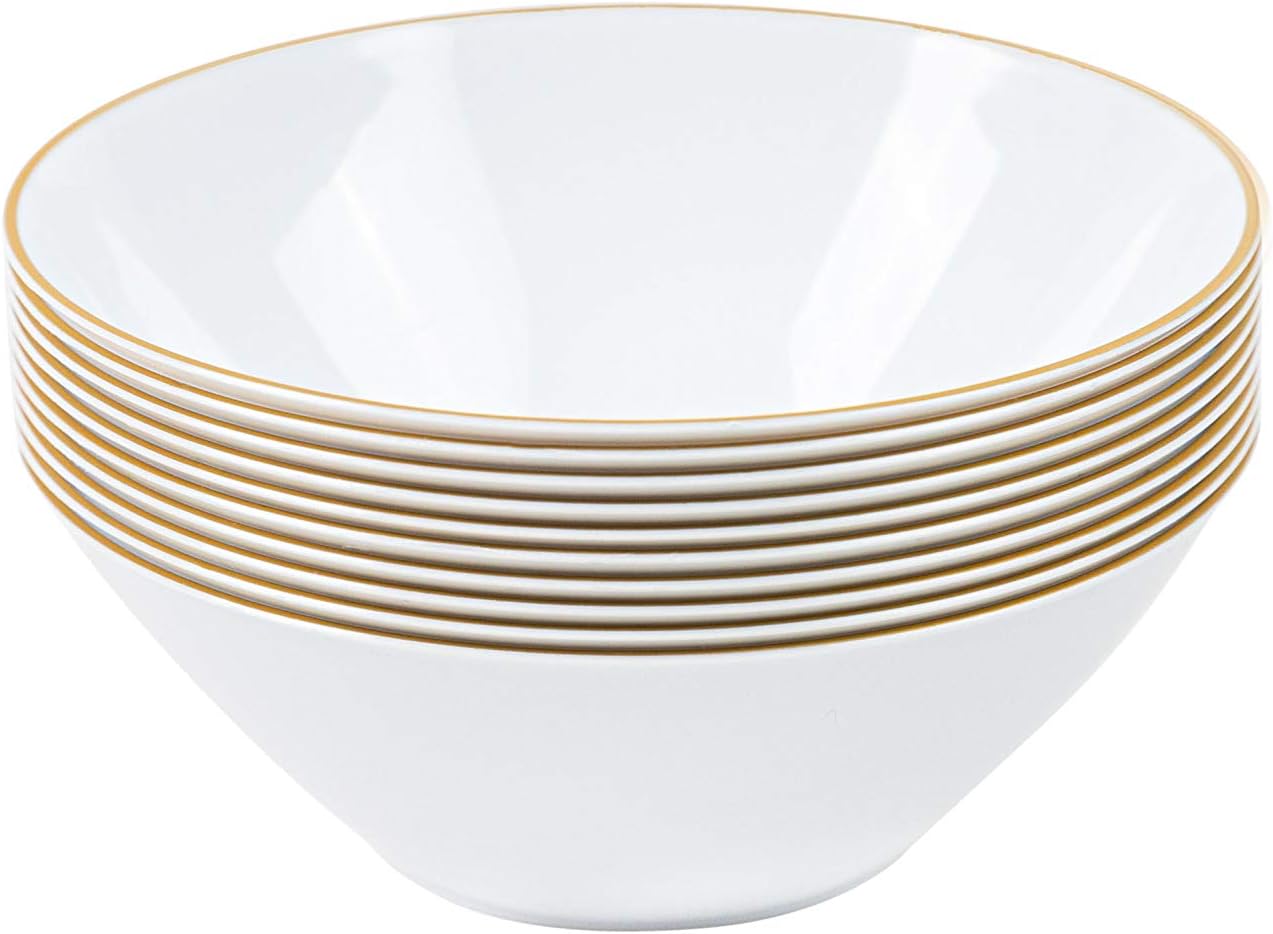 [6 OZ 40 Count] White Plastic Organic Party Dessert bowls ice cream bowl With Gold Rim Premium heavyweight Elegant Disposable Tableware Dishes