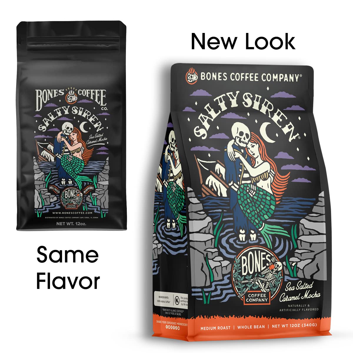 Bones Coffee Company Salty Siren Ground Coffee Beans Caramel Chocolate Flavor | 12 oz Flavored Coffee Gifts Low Acid Medium Roast Gourmet Coffee Beverages (Ground)