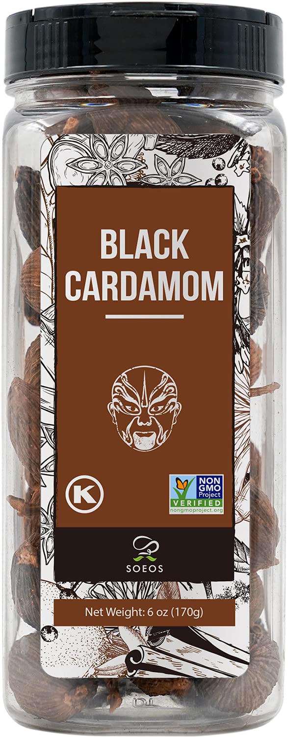 Soeos Black Cardamom 6 Ounces, NON GMO Verified, Kosher, Asian and India Cooking Spice, Smoky Flavor, Freshly Dried Cardamom, Cardamom Seeds, Cardamom Pods for Cooking, Whole Kali Elaichi, 6oz.
