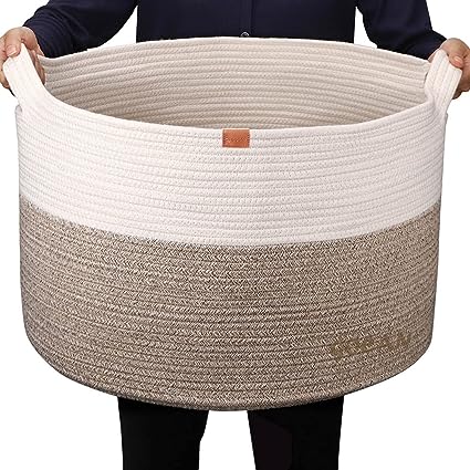 GOCAN Extra Large Laundry Basket toy storage 22"X22"X14" blanket basket Cotton Rope Woven Baskets with Handles for Living Room (Brown/Beige) XXXL