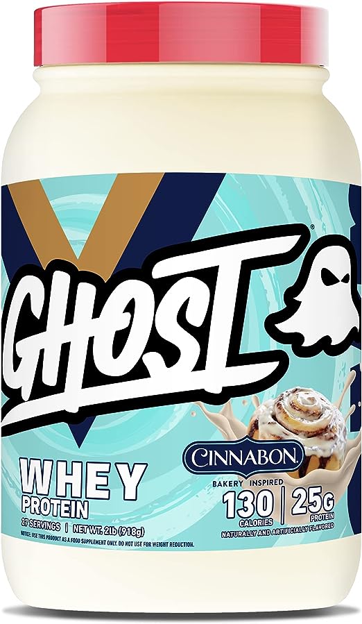 GHOST WHEY Protein Powder, Cinnabon - 2lb, 25g of Protein - Whey Protein Blend - ­Post Workout Fitness & Nutrition Shakes, Smoothies, Baking & Cooking - Soy & Gluten-Free
