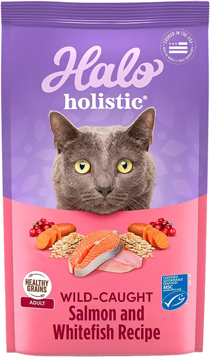 Halo Holistic Cat Food Dry, Wild-caught Salmon and Whitefish Recipe, Complete Digestive Health, Dry Cat Food Bag, Adult Formula, 6-lb Bag