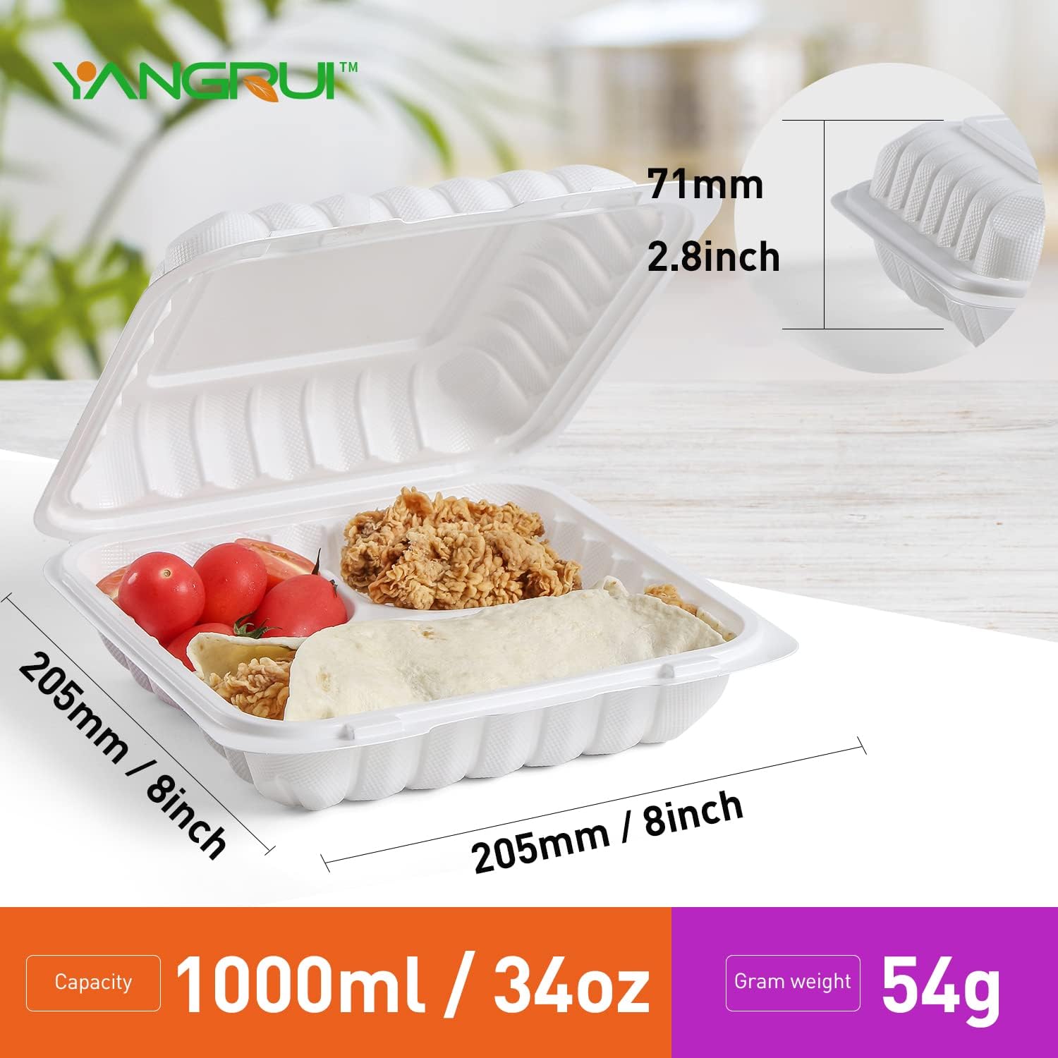 YANGRUI To Go Containers, Shrink Wrap Biodegradable 55 Pack 8 Inch 34 OZ Meal Prep Container BPA Free Microwave Freezer Safe Plastic Hinged Clamshell Take Out Containers