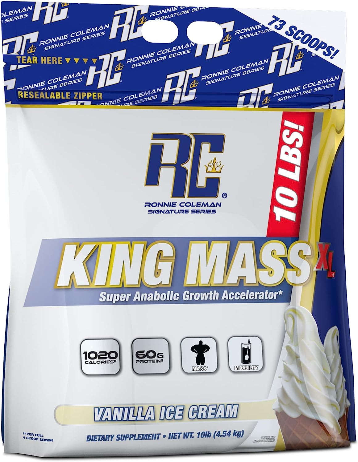 Ronnie Coleman Signature Series King Mass XL Mass Gainer Protein Powder, Weight and Muscle Gainer, 60g Protein, 180g Carbohydrates, 1,000+ Calories, Creatine and Glutamine, Vanilla Ice Cream, 10 lb