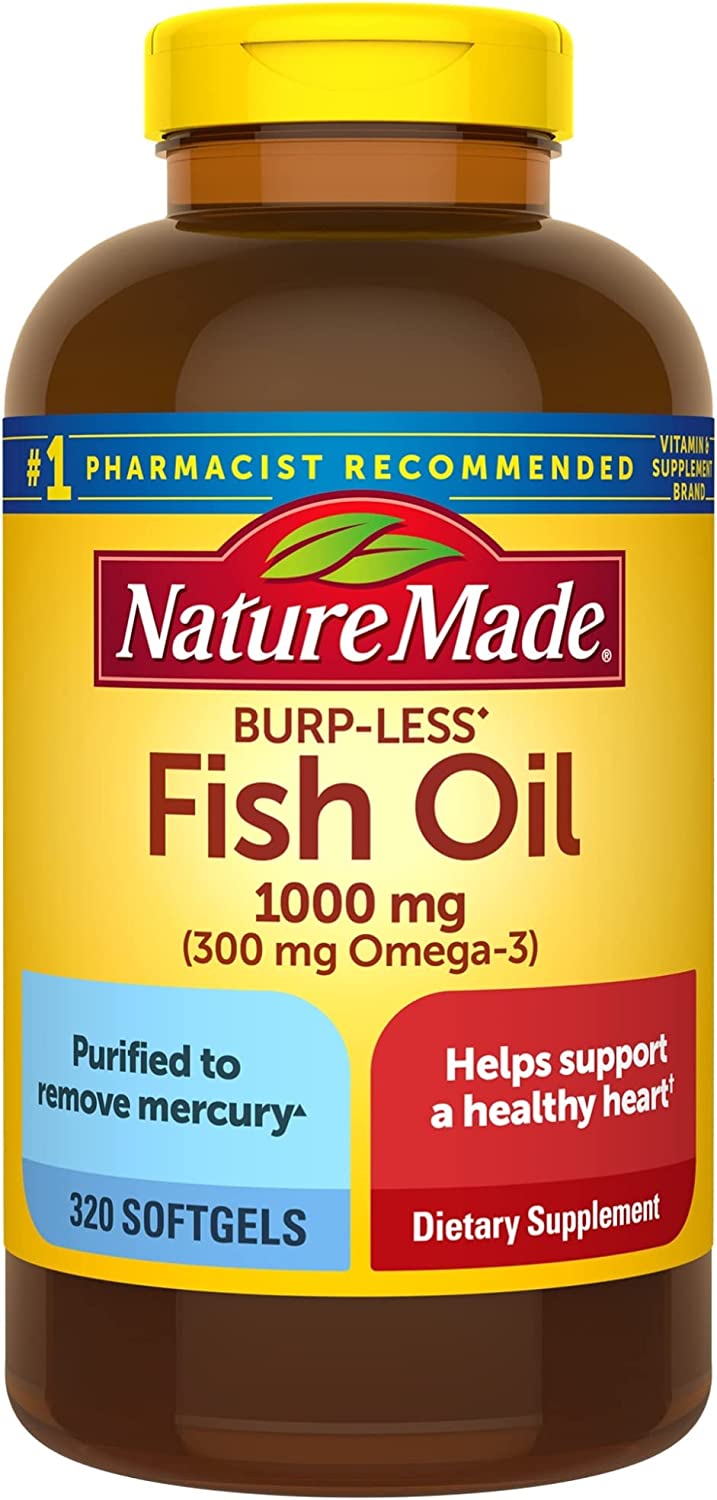Nature Made Burp Less Fish Oil 1000 mg Softgels, Omega 3 Fish Oil for Healthy Heart Support, Omega 3 Supplement with 320 Count(Pack of 1)